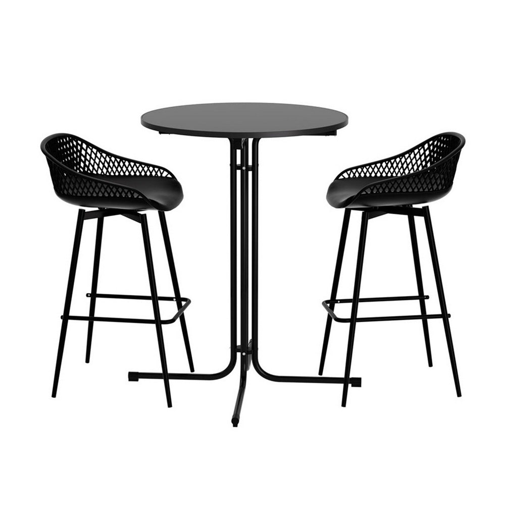 Three piece outdoor bar set with black steel table and two polypropylene bar stools