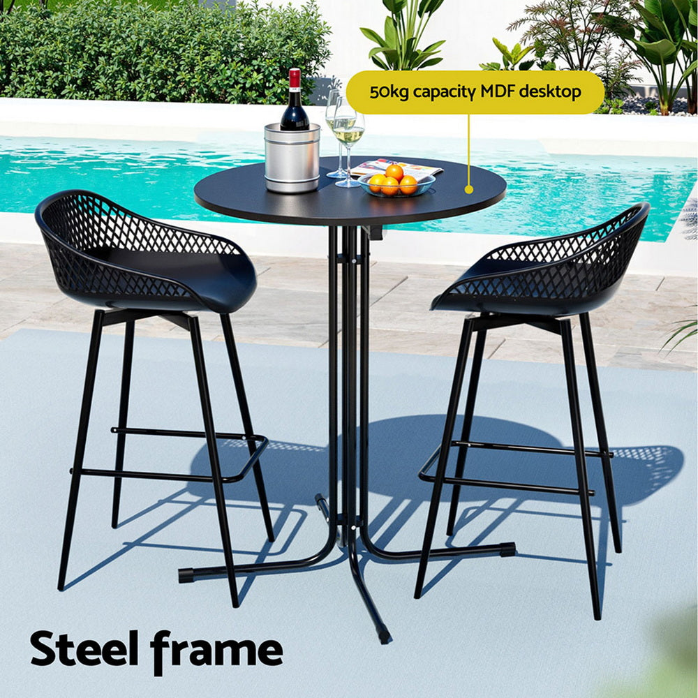 Three piece outdoor bar set with black steel table and two polypropylene bar stools