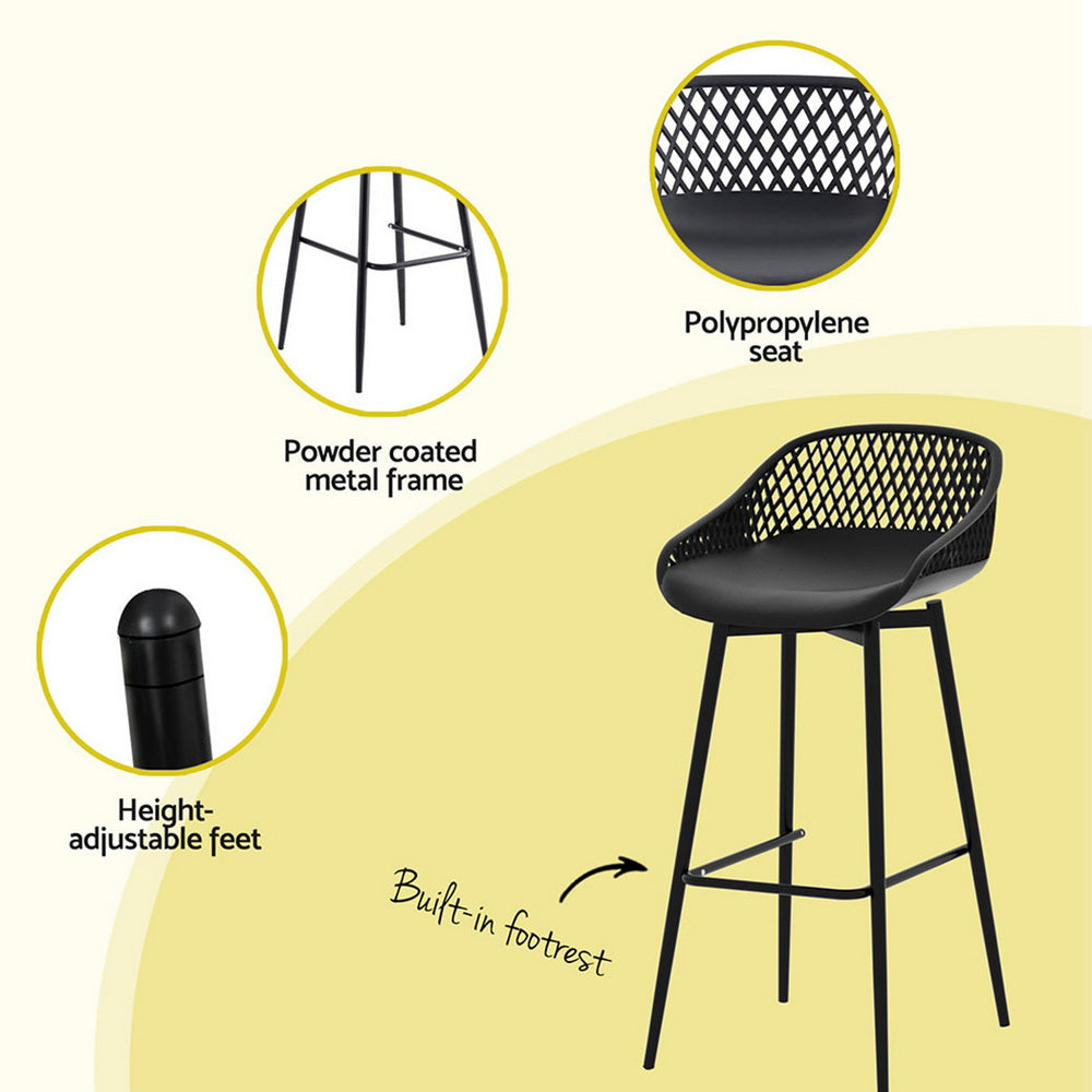 Three piece outdoor bar set with black steel table and two polypropylene bar stools