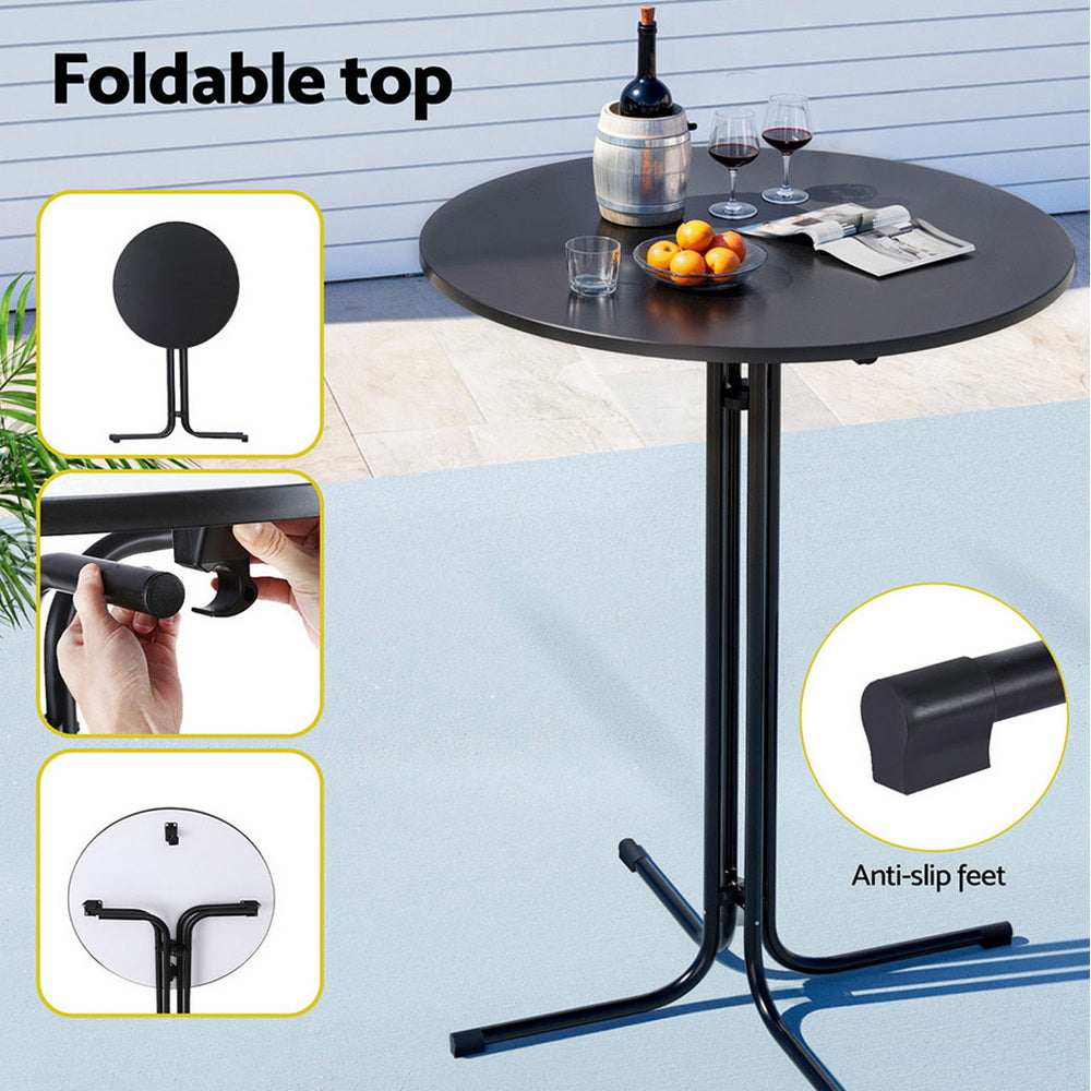 Three piece outdoor bar set with black steel table and two polypropylene bar stools