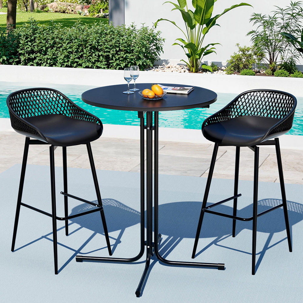 Three piece outdoor bar set with black steel table and two polypropylene bar stools