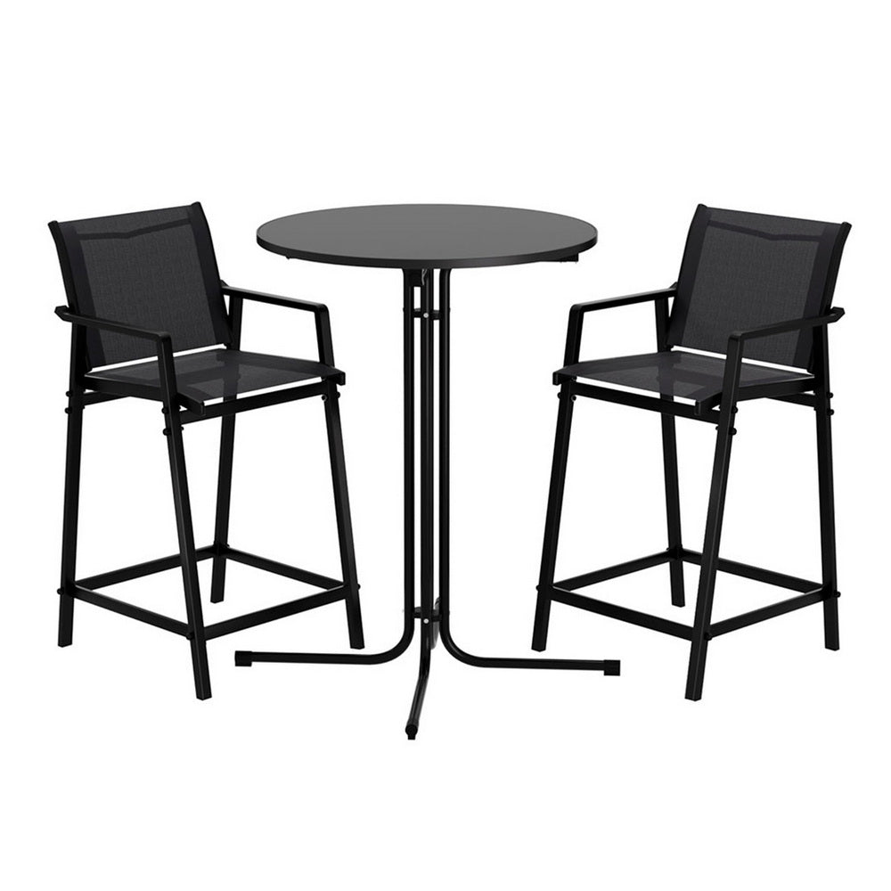 Three piece outdoor bar set with black steel frame table and two Textilene bar stools