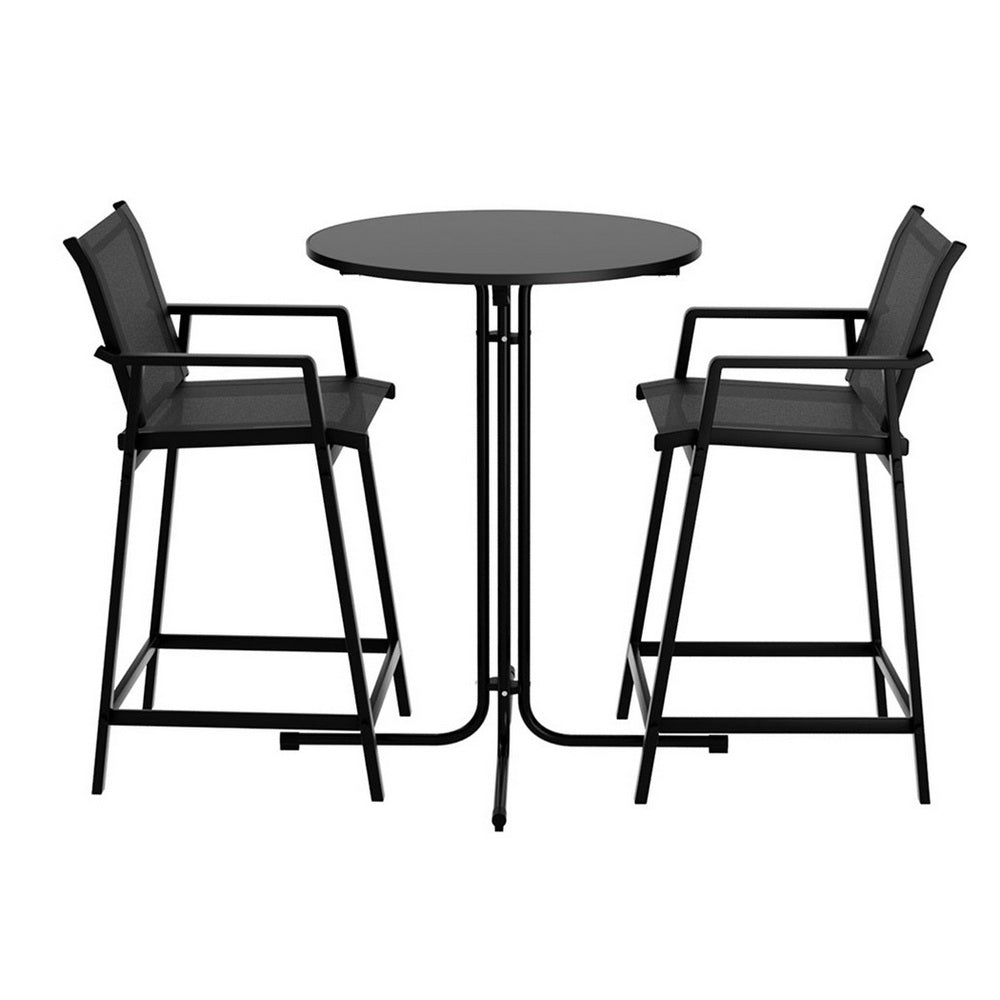 Three piece outdoor bar set with black steel frame table and two Textilene bar stools