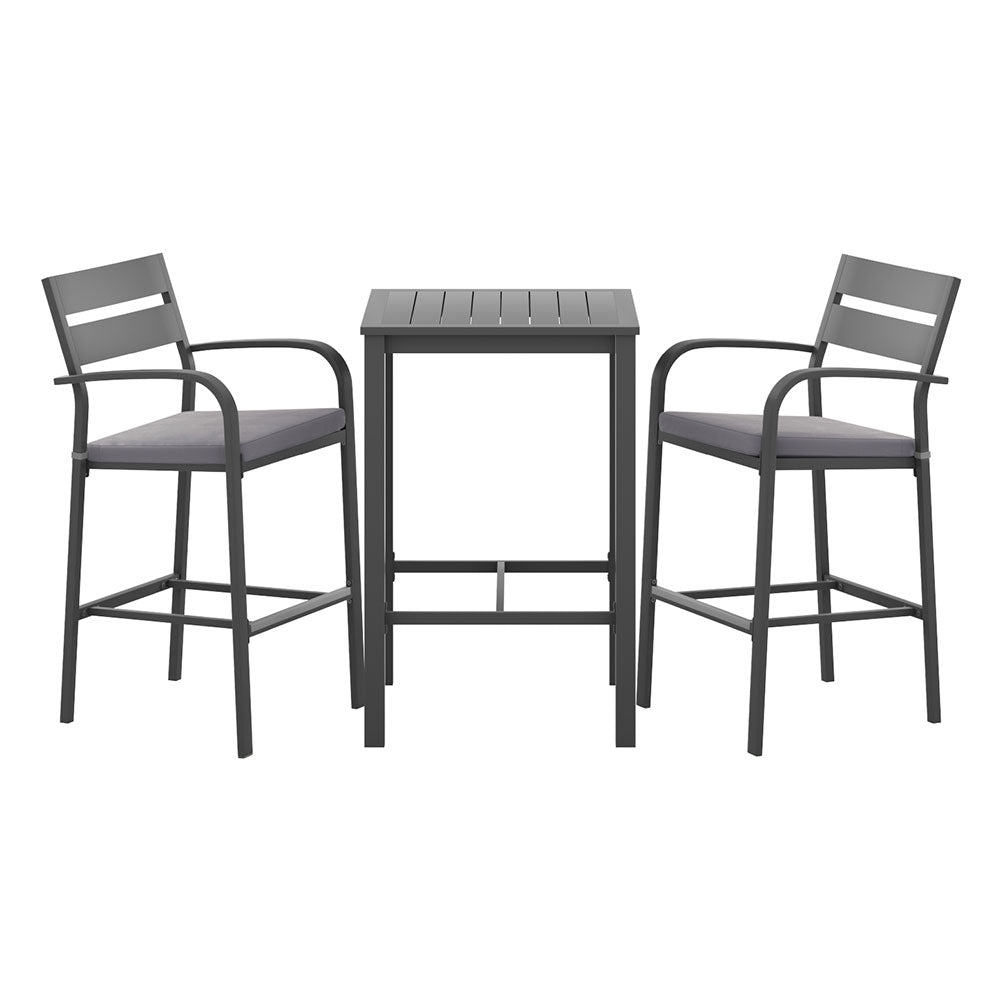 3 piece black aluminium outdoor bar set with two stools and bar table