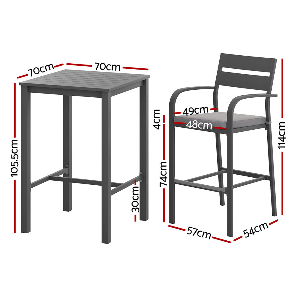 Black aluminium bar stool with grey cushion and footrest