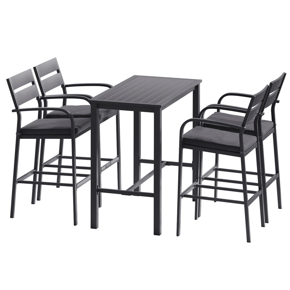 5 piece dark grey aluminium outdoor bar set with four stools and bar table