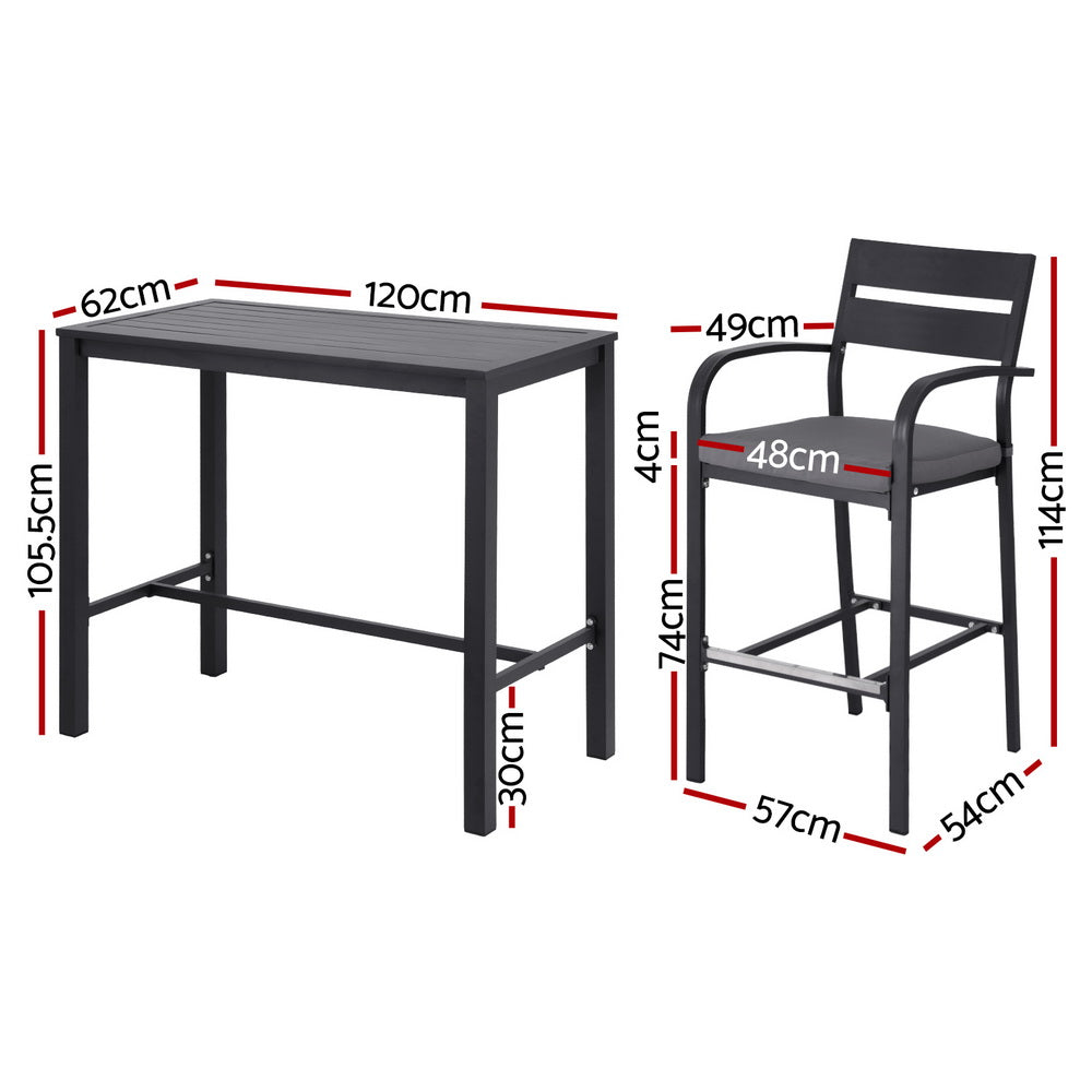 Dark grey aluminium bar stool with cushion and footrest