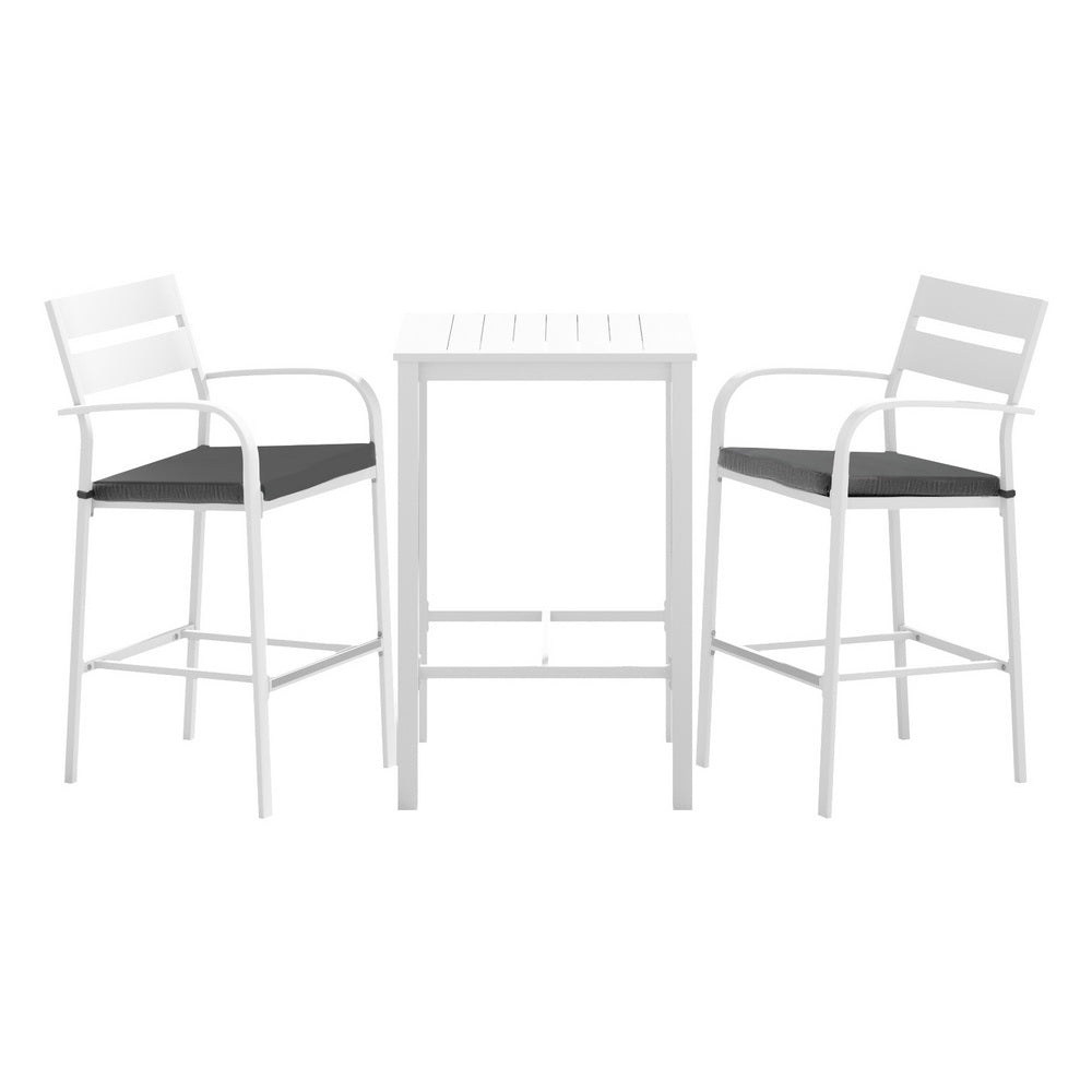 3 piece white aluminium outdoor bar set with two stools and bar table
