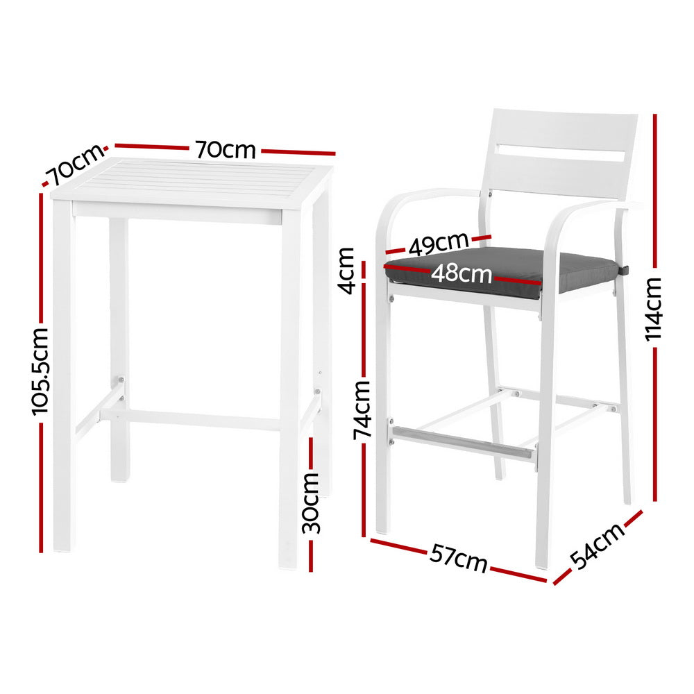 White aluminium bar stool with grey cushion and footrest