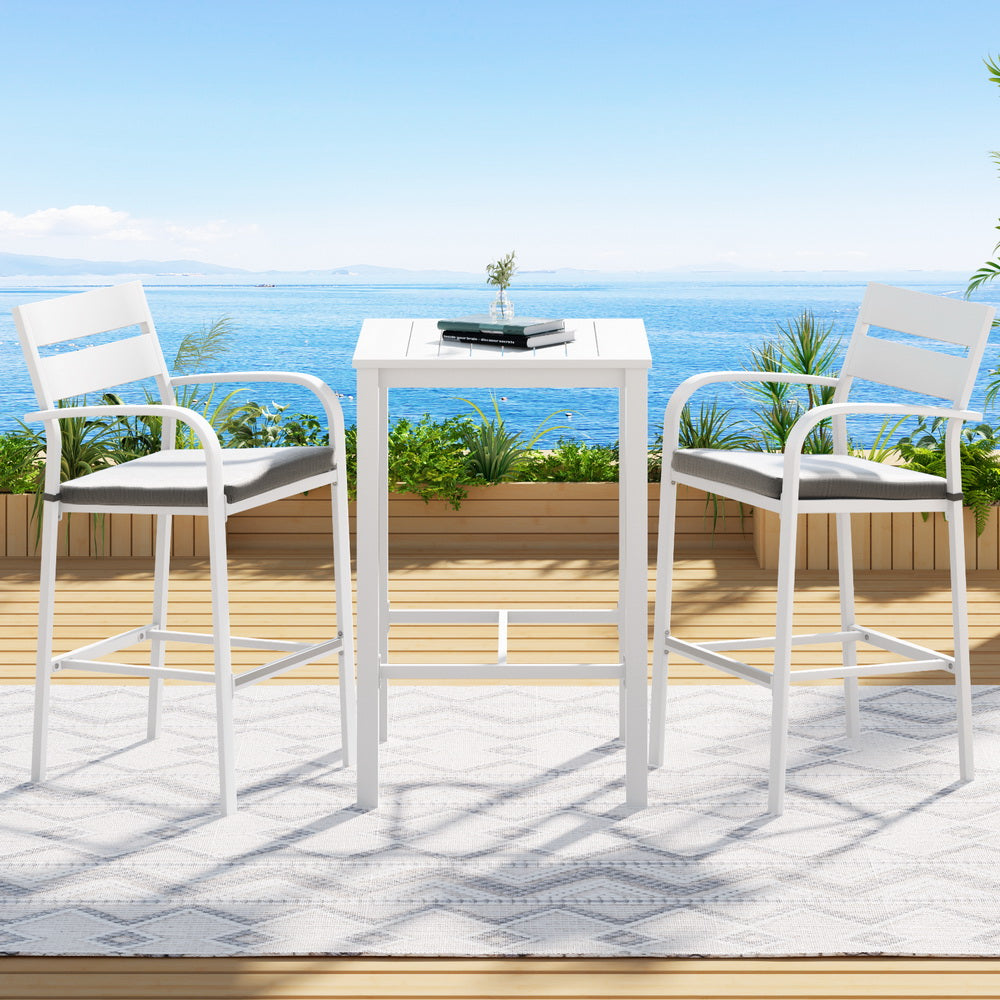 White three piece aluminium outdoor bar set