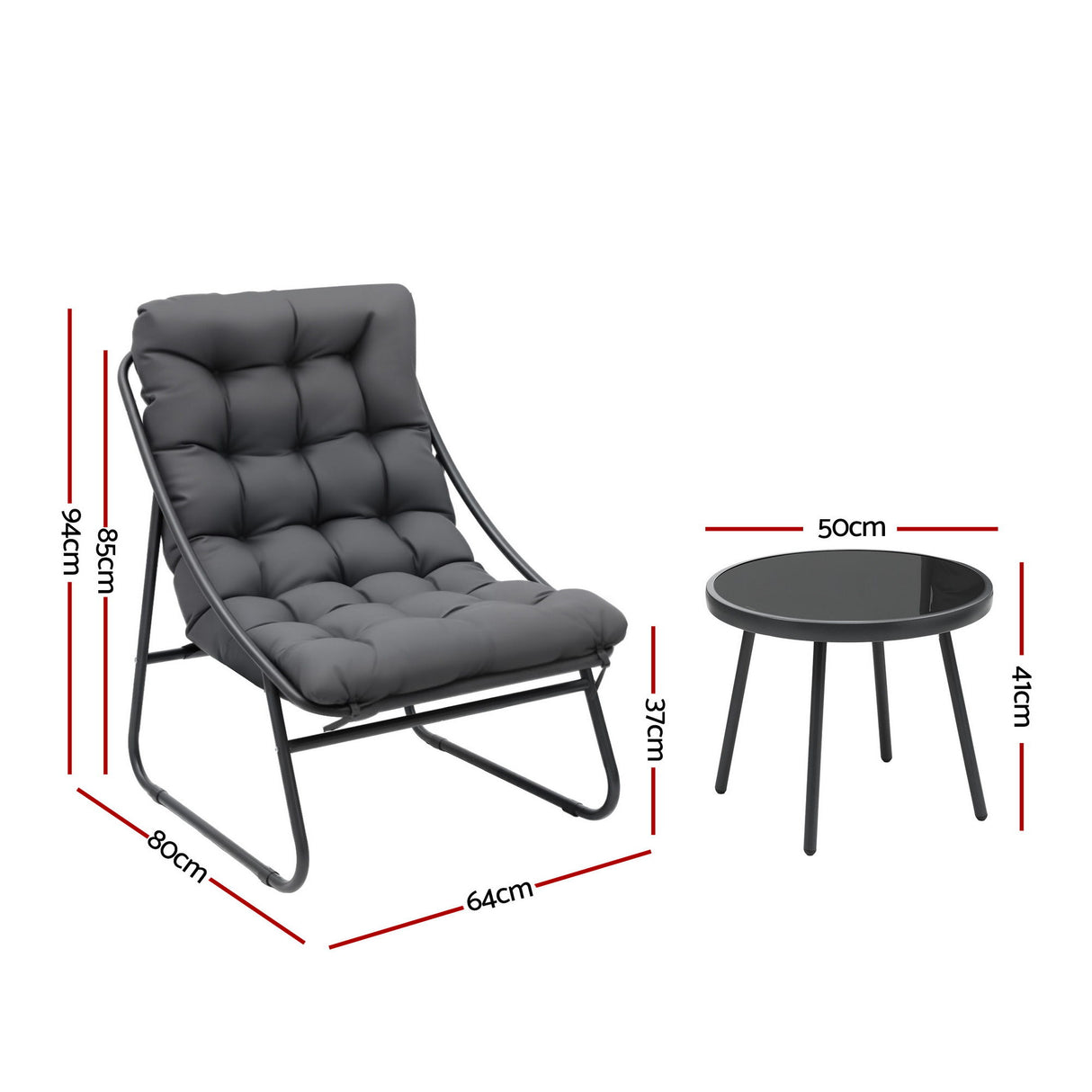 Three piece outdoor bistro set with black steel frame, glass table and Textilene chairs