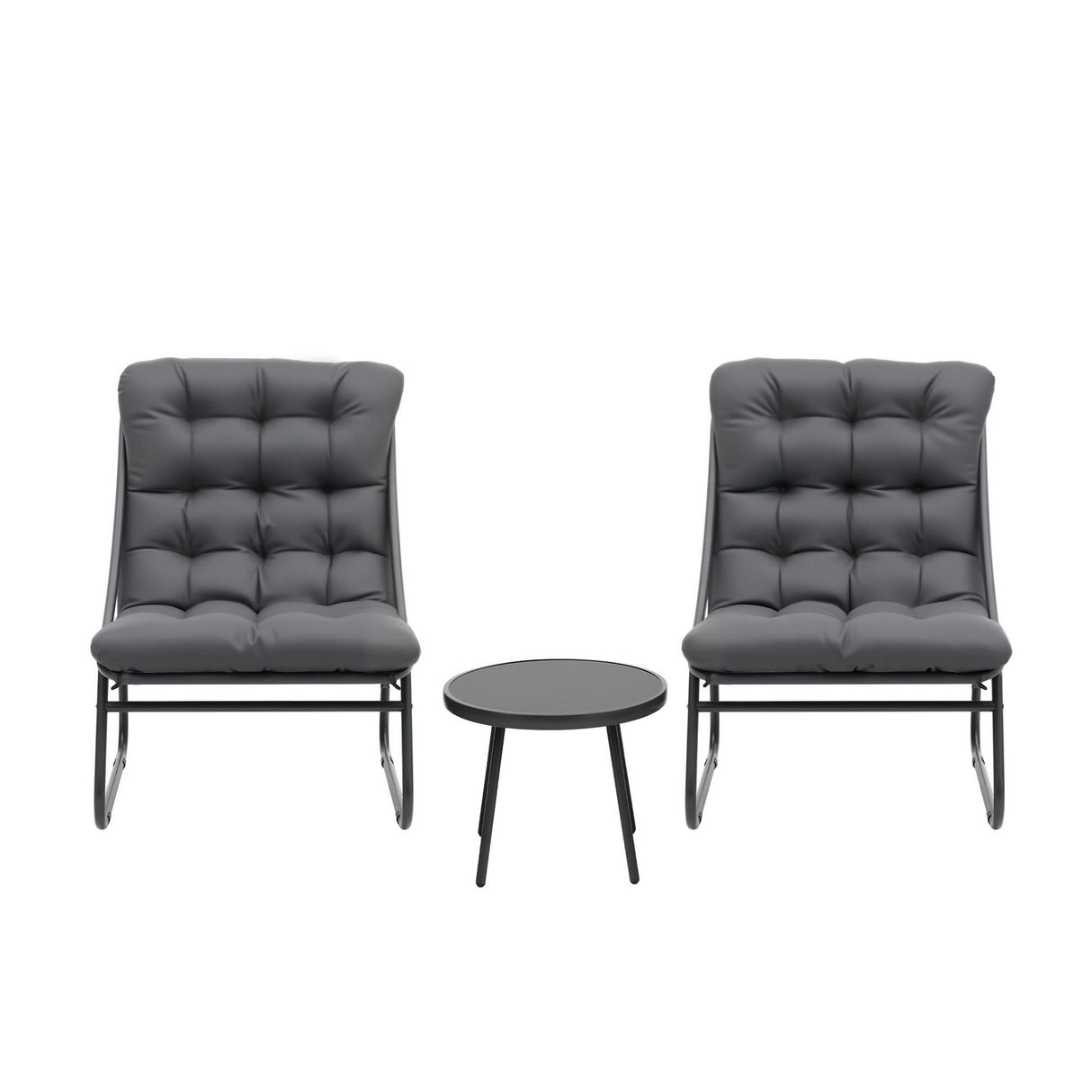 Three piece outdoor bistro set with black steel frame, glass table and Textilene chairs
