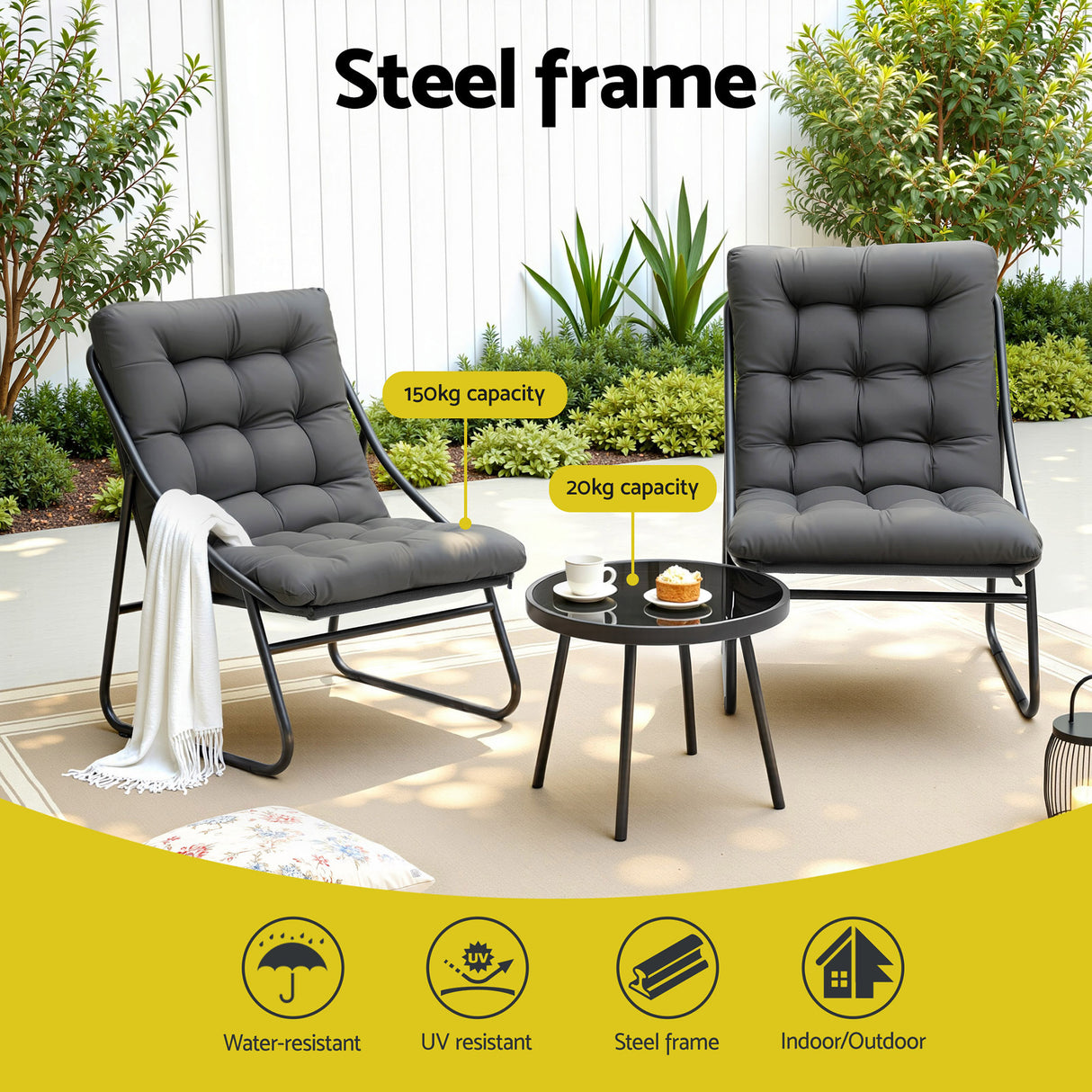Three piece outdoor bistro set with black steel frame, glass table and Textilene chairs