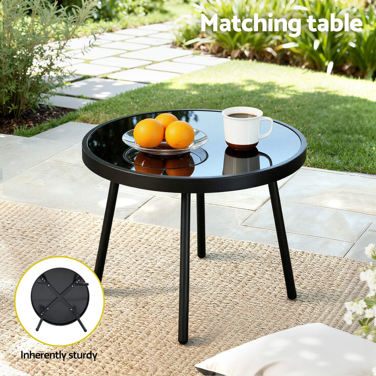 Three piece outdoor bistro set with black steel frame, glass table and Textilene chairs