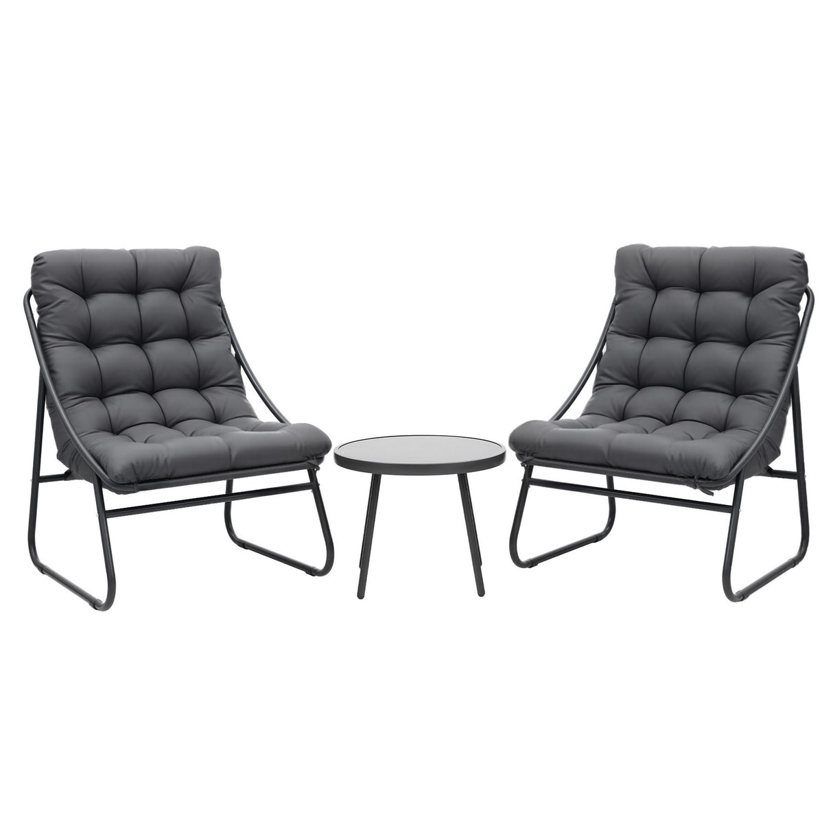 Three piece outdoor bistro set with black steel frame, glass table and Textilene chairs