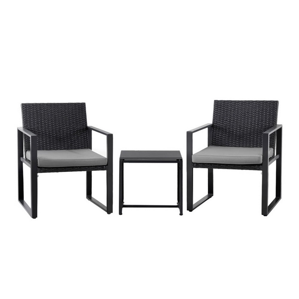 3 Piece Outdoor Bistro Set With Wicker Chairs and Glass Table, Black