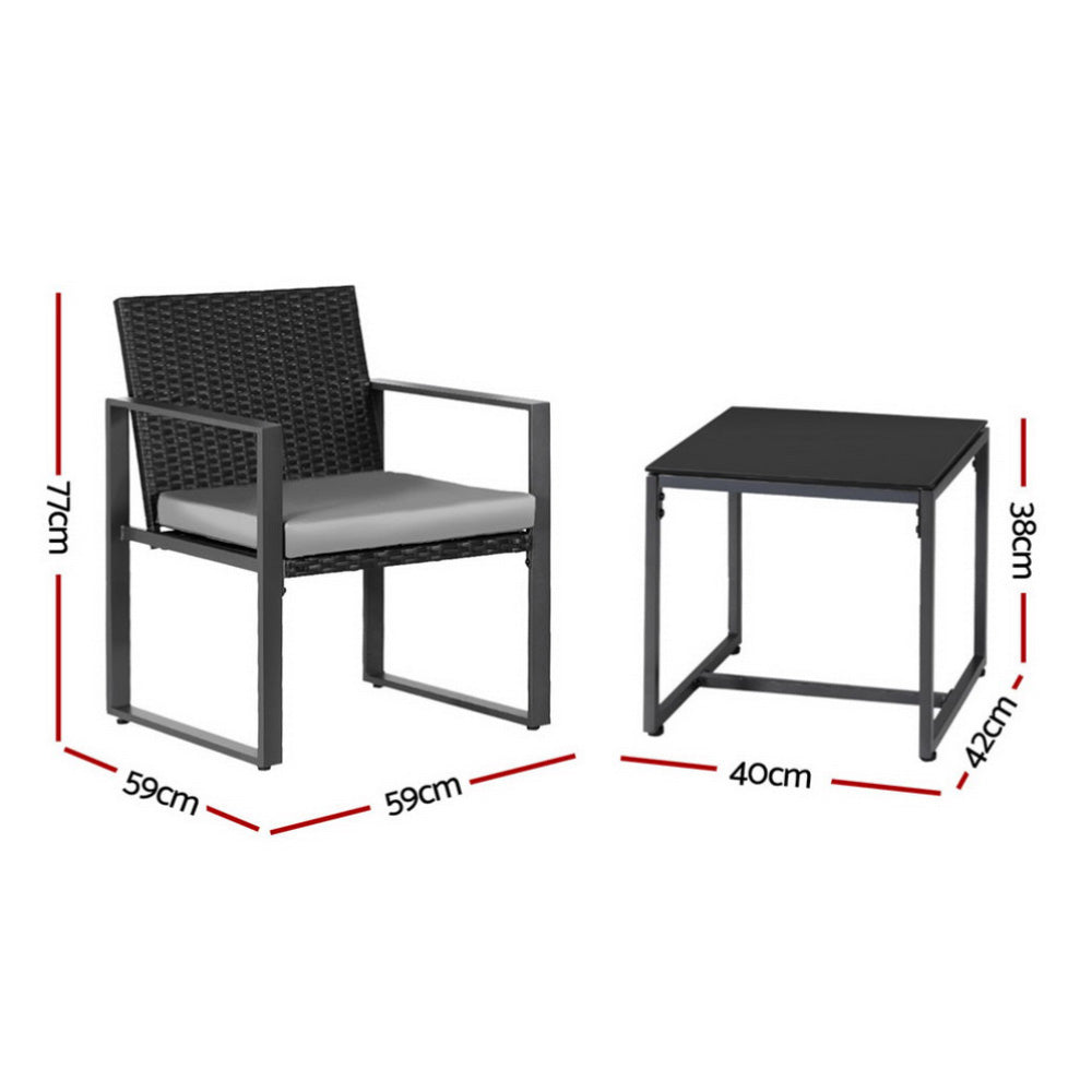 3 Piece Outdoor Bistro Set With Wicker Chairs and Glass Table, Black