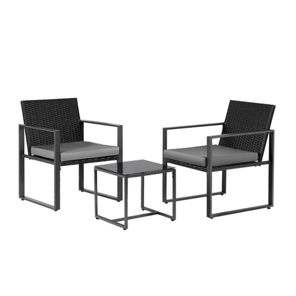 3 Piece Outdoor Bistro Set With Wicker Chairs and Glass Table, Black