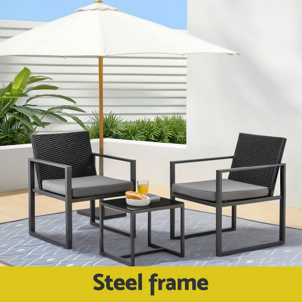 3 Piece Outdoor Bistro Set With Wicker Chairs and Glass Table, Black