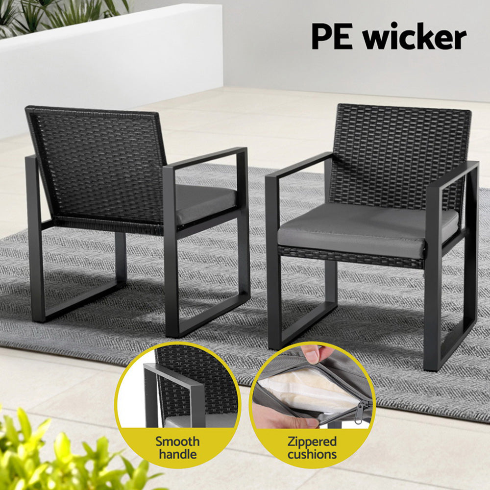 3 Piece Outdoor Bistro Set With Wicker Chairs and Glass Table, Black