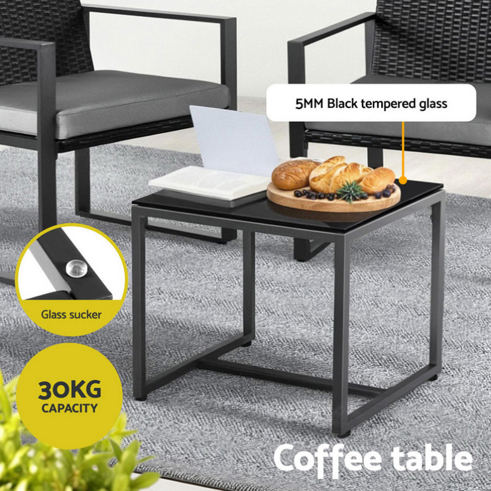 3 Piece Outdoor Bistro Set With Wicker Chairs and Glass Table, Black