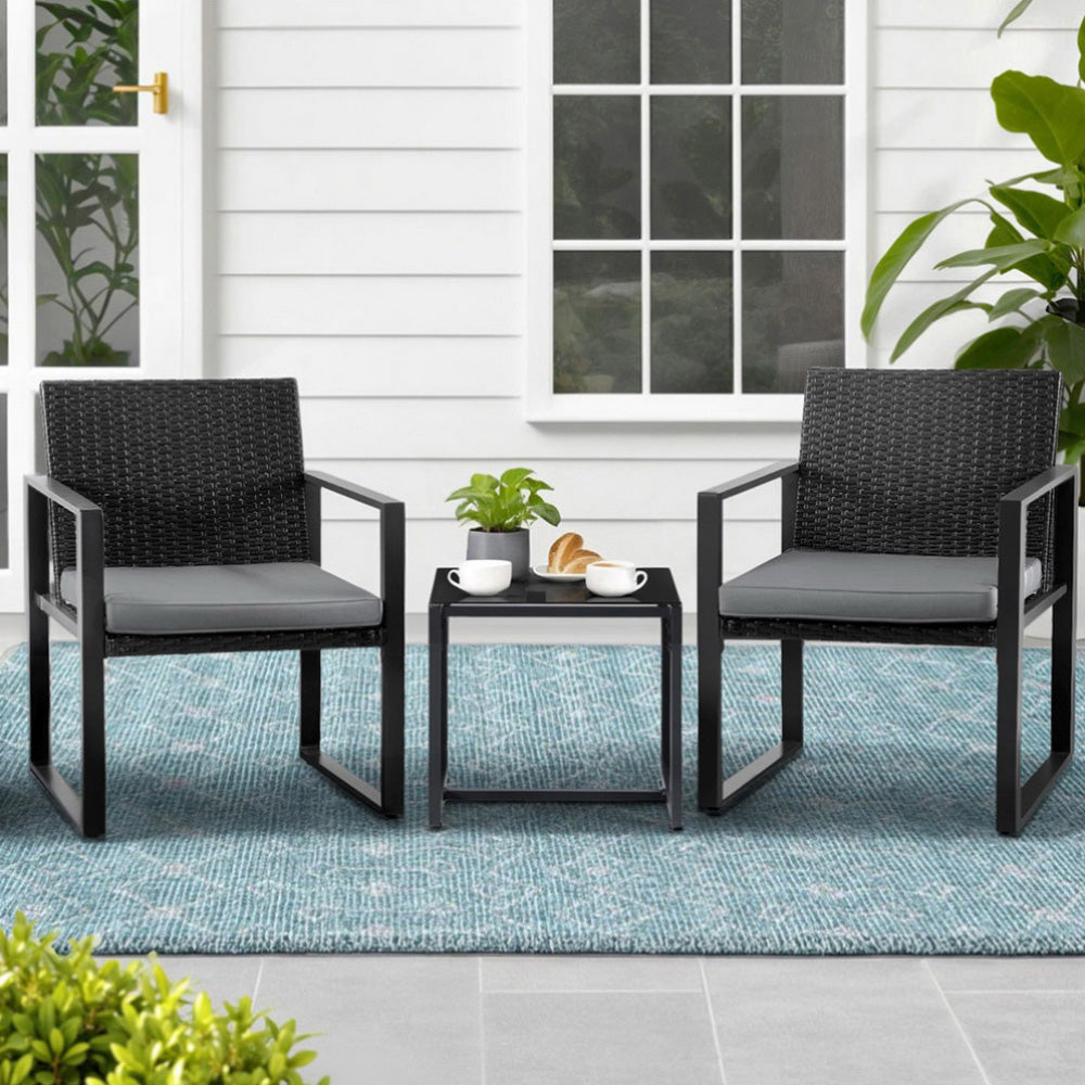3 Piece Outdoor Bistro Set With Wicker Chairs and Glass Table, Black