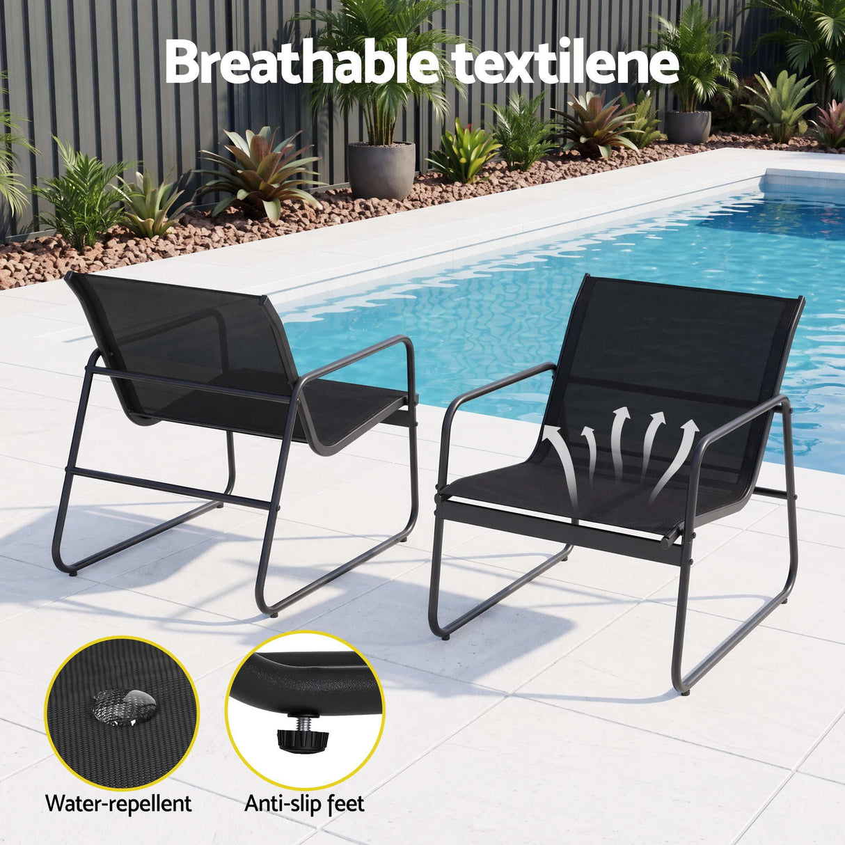 Outdoor Bistro Set 3 Piece Textilene Chairs And Glass Table Black