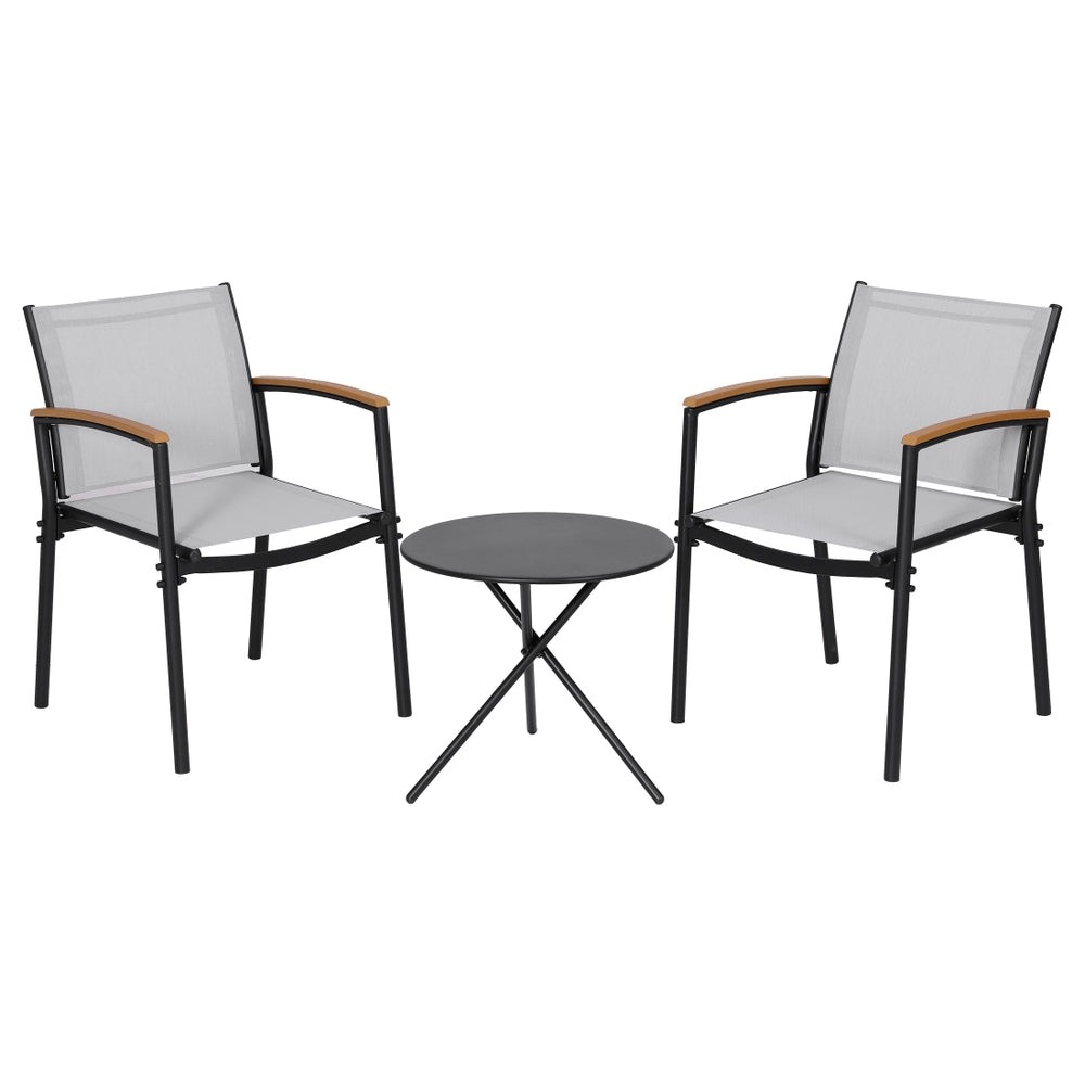 Three piece outdoor bistro set with black steel frame and grey Textilene chairs