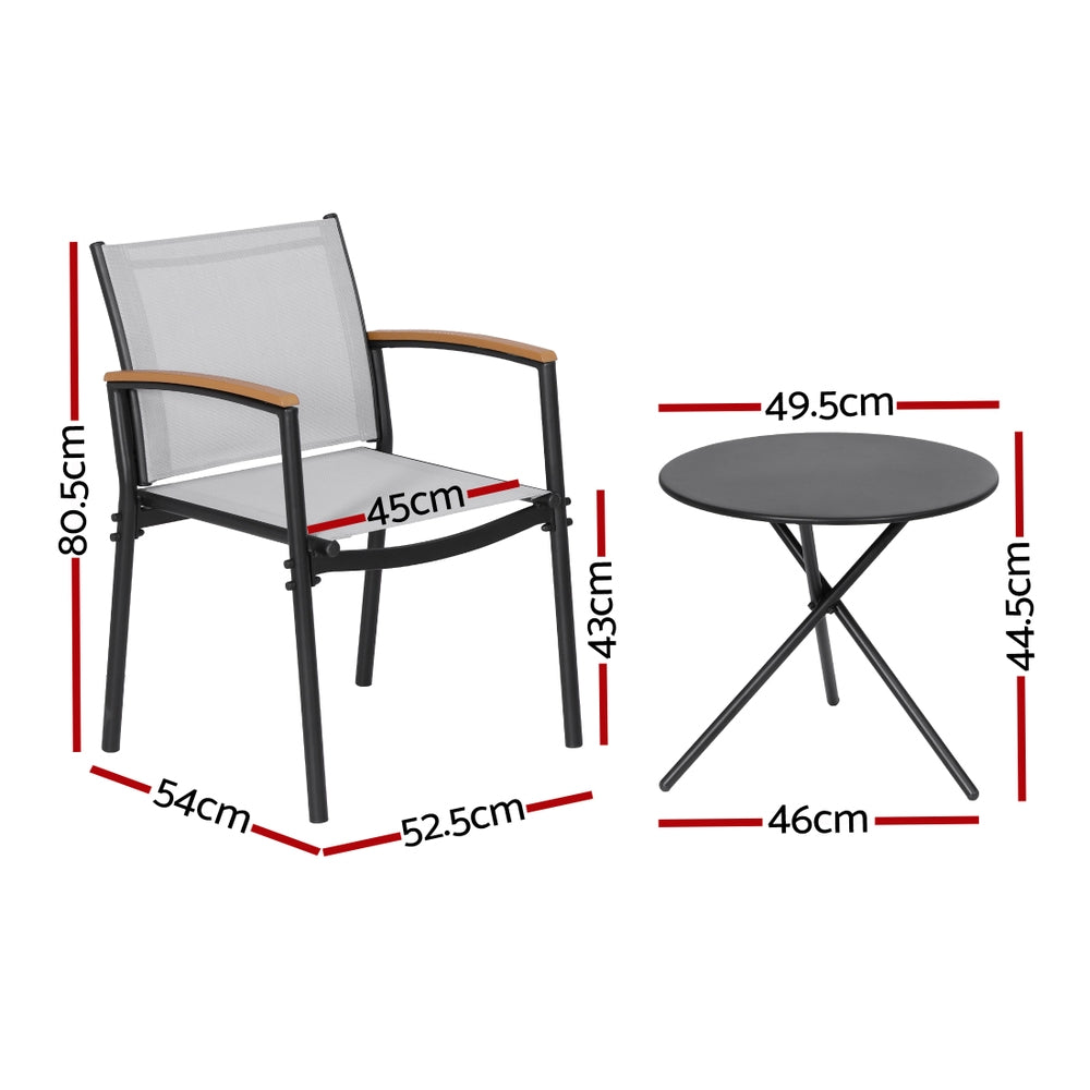 Three piece outdoor bistro set with black steel frame and grey Textilene chairs