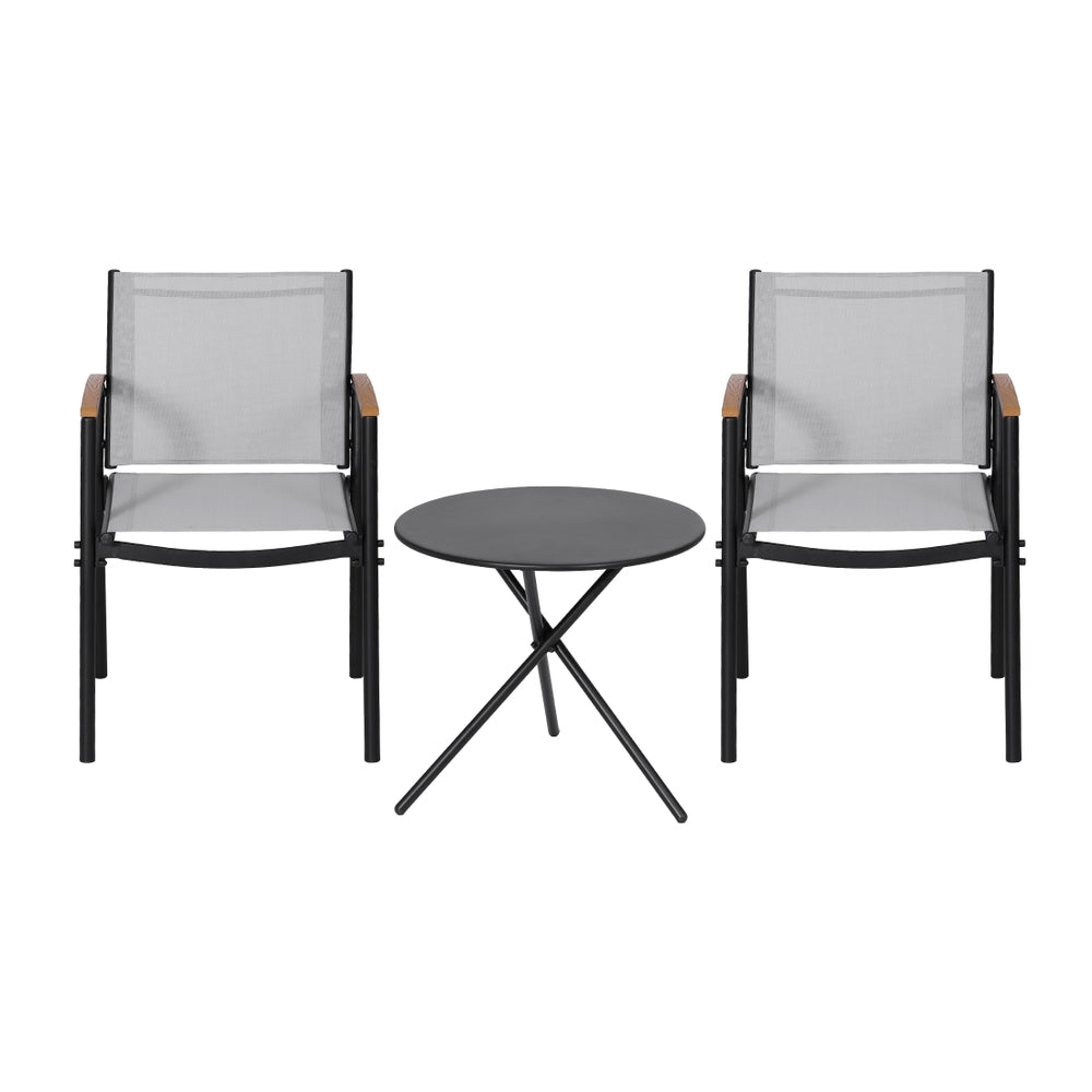 Three piece outdoor bistro set with black steel frame and grey Textilene chairs
