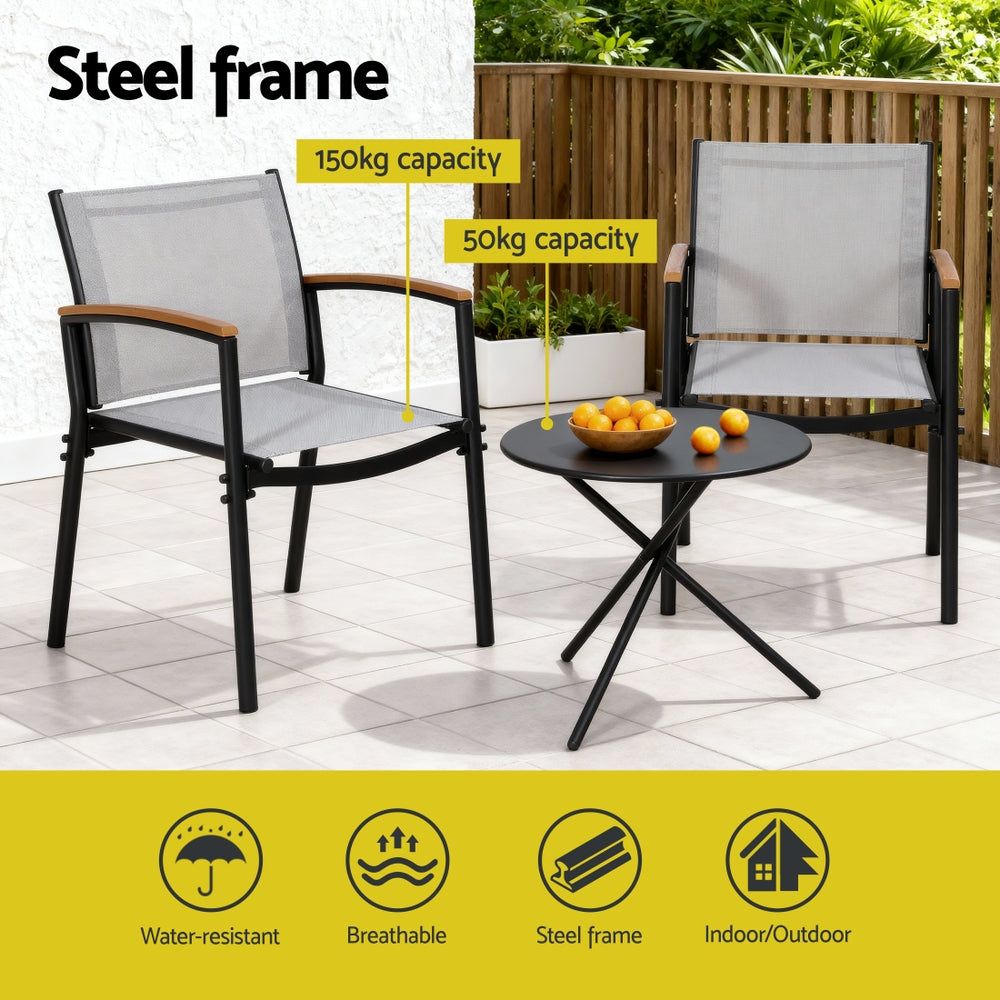 Three piece outdoor bistro set with black steel frame and grey Textilene chairs