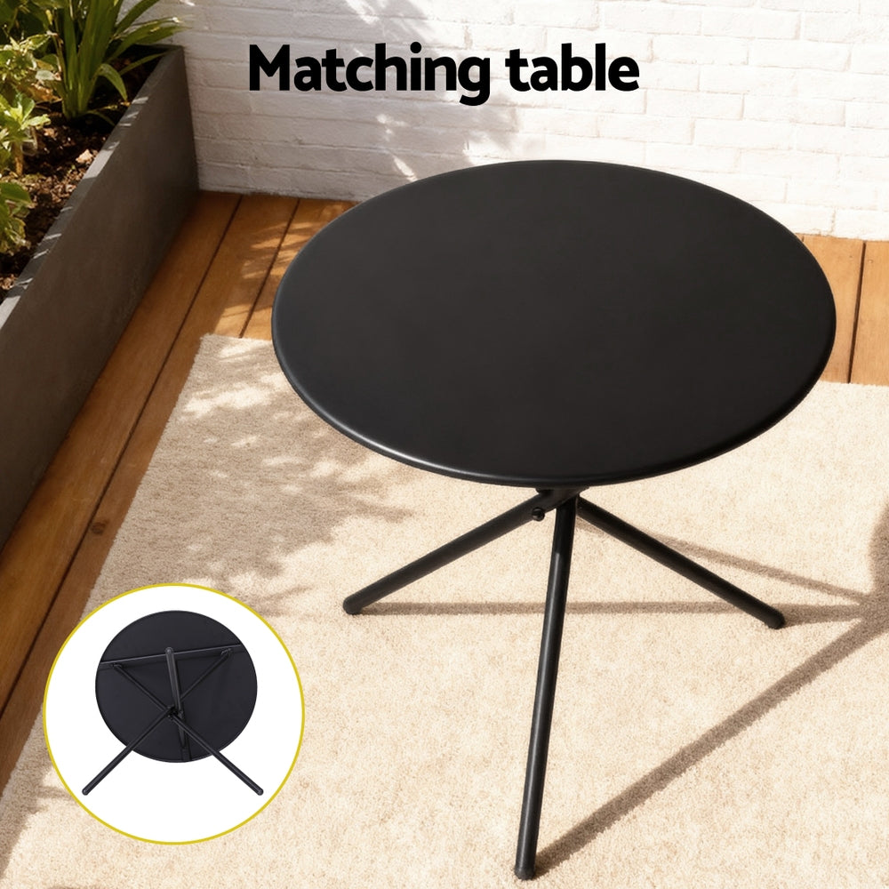 Three piece outdoor bistro set with black steel frame and grey Textilene chairs