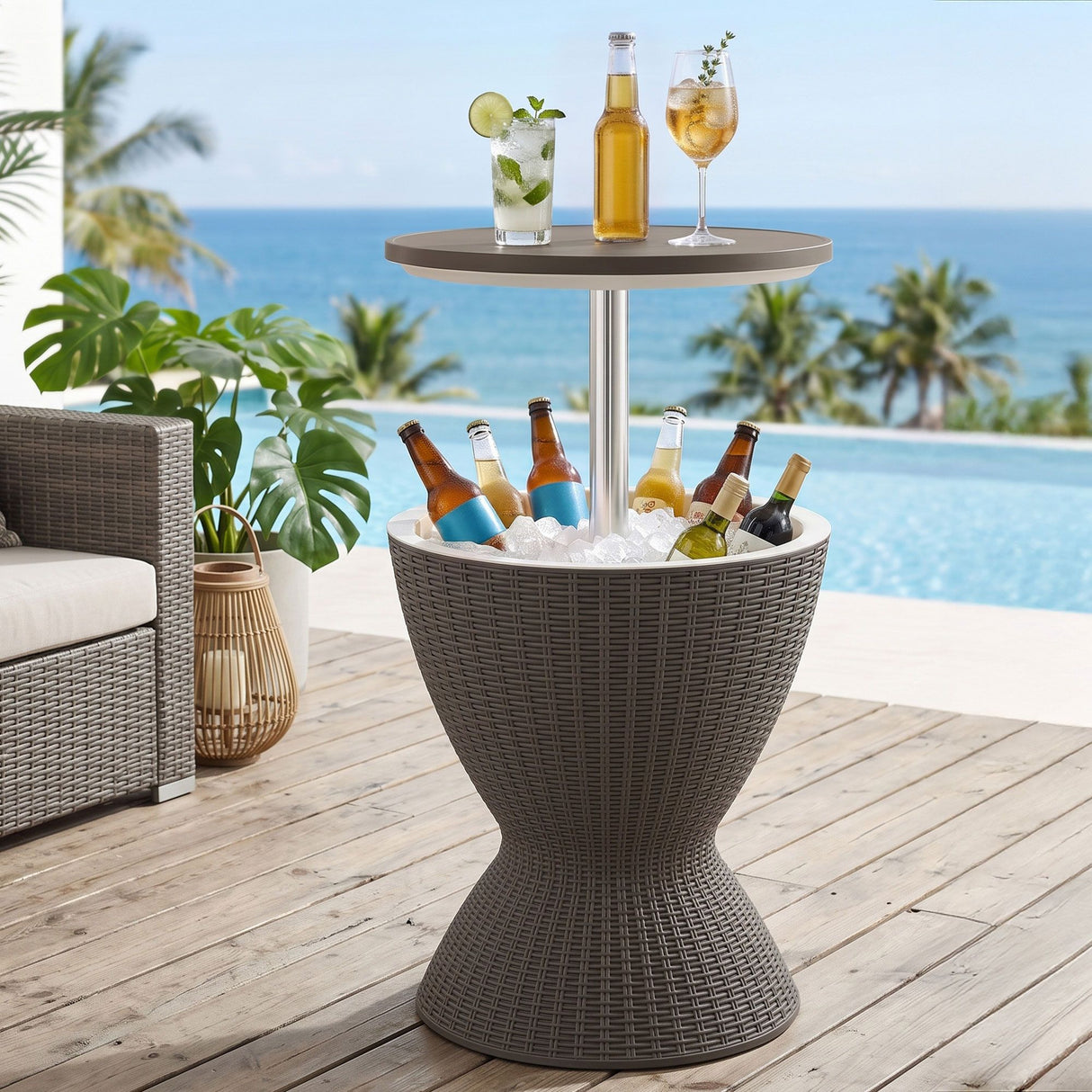 Victor Harbor 2 in 1 Ice Bucket Cooler Outdoor Bar Table, Brown