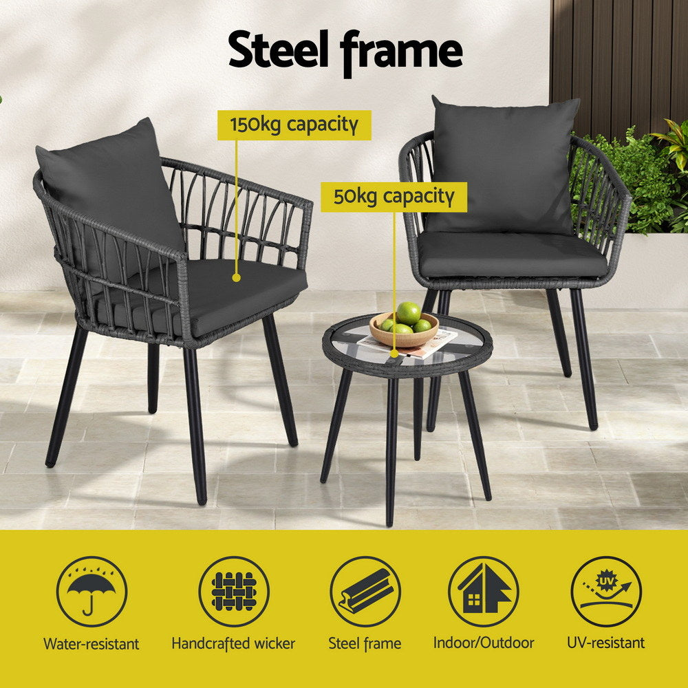 Carrara 3 Piece Outdoor Lounge Set, Grey Wicker