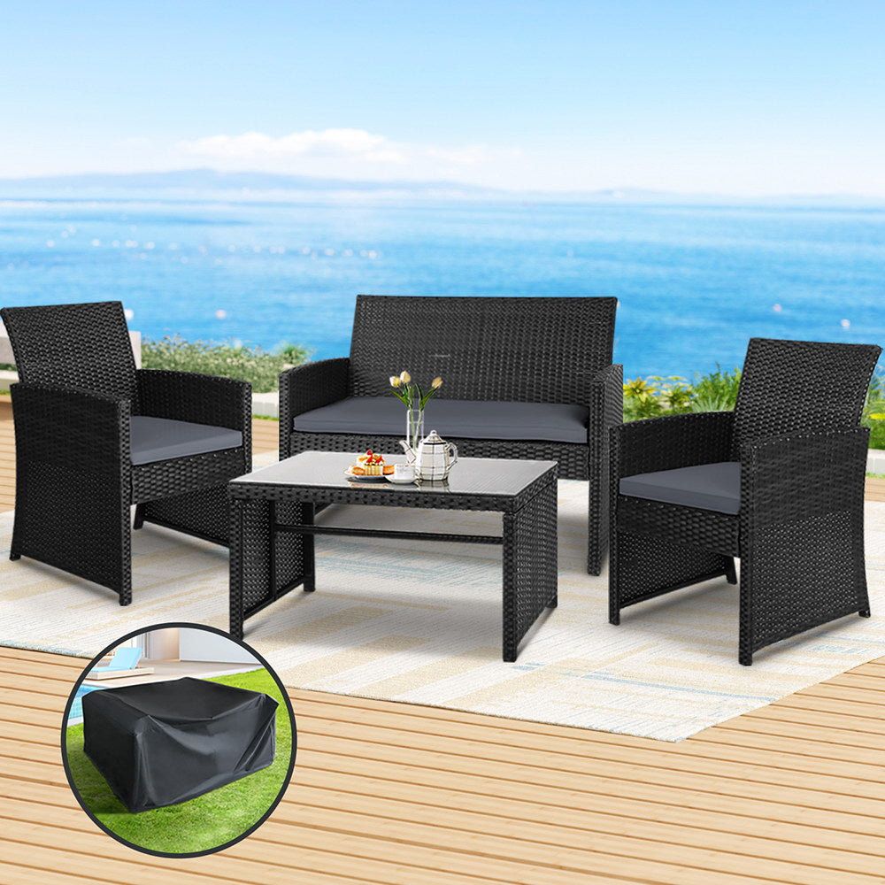 Dundowran 4 Piece Outdoor Sofa Set with Storage Cover, Black