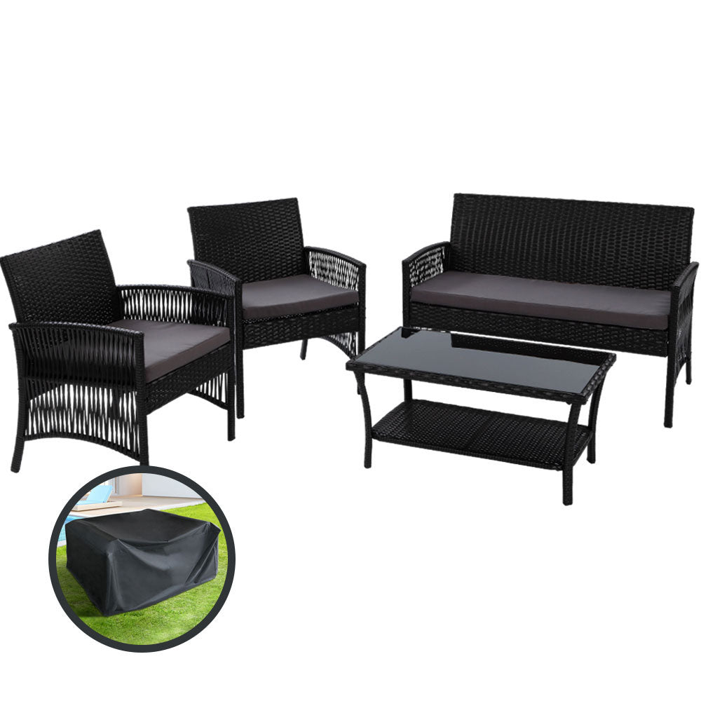 Mudgeeraba 4 Piece Outdoor Lounge Set, Black Wicker