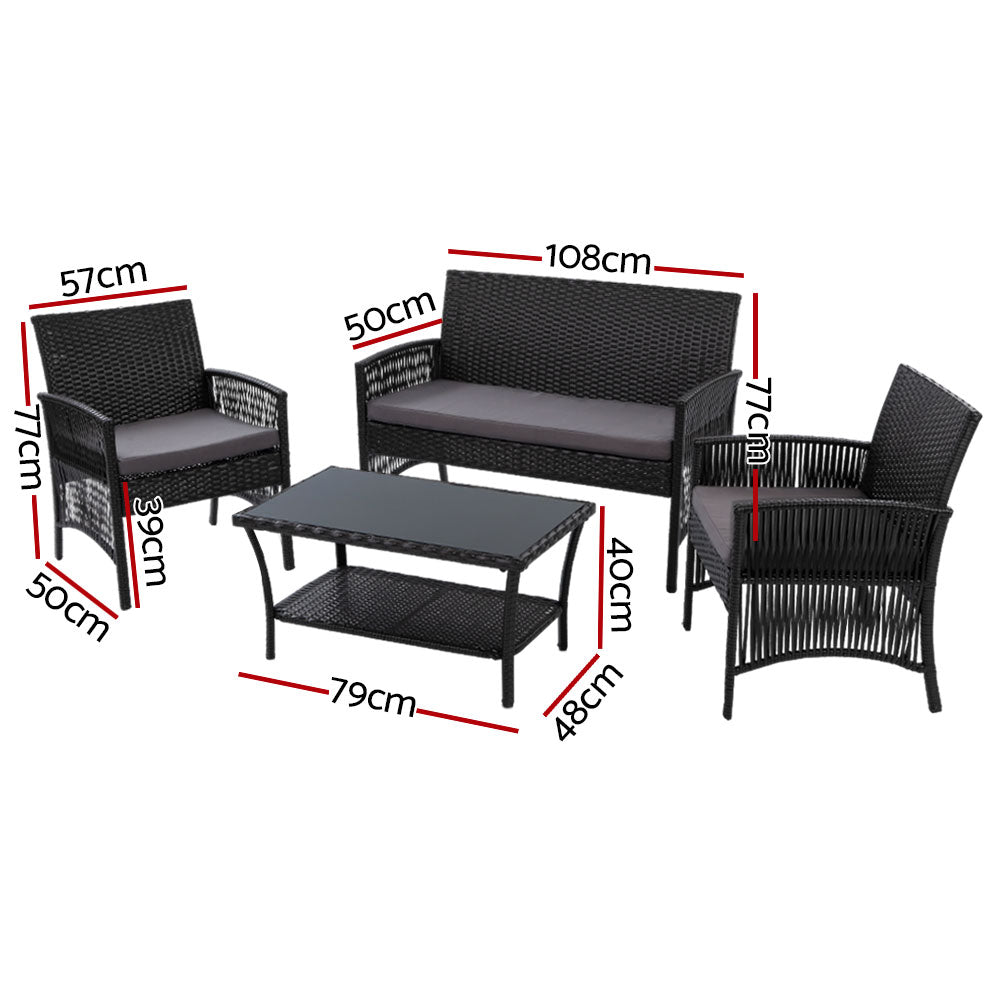 Mudgeeraba 4 Piece Outdoor Lounge Set, Black Wicker