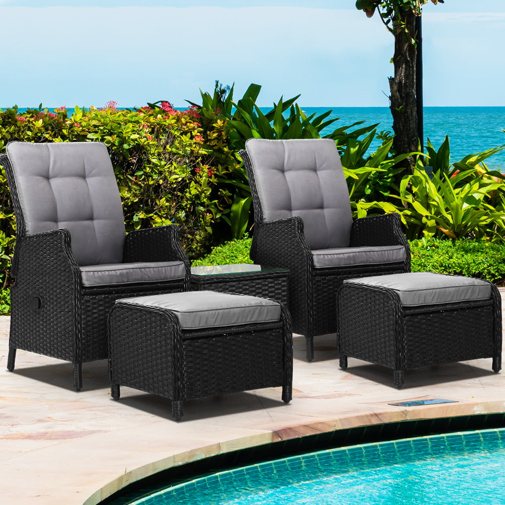 Pacific Paradise 5 Piece Outdoor Recliner Set, Black