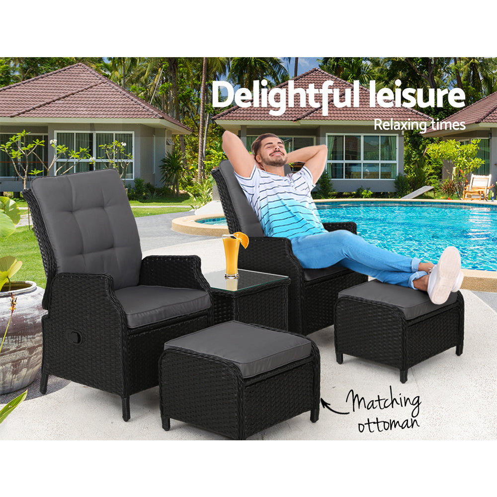 Pacific Paradise 5 Piece Outdoor Recliner Set, Black