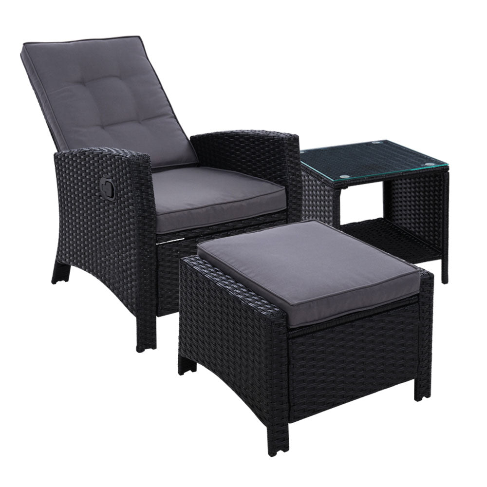 Sunshine Beach 3 Piece Outdoor Recliner Set, Black