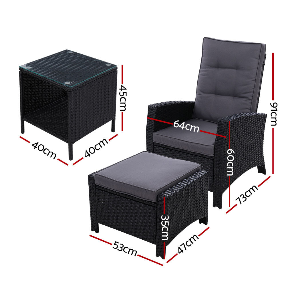 Sunshine Beach 3 Piece Outdoor Recliner Set, Black