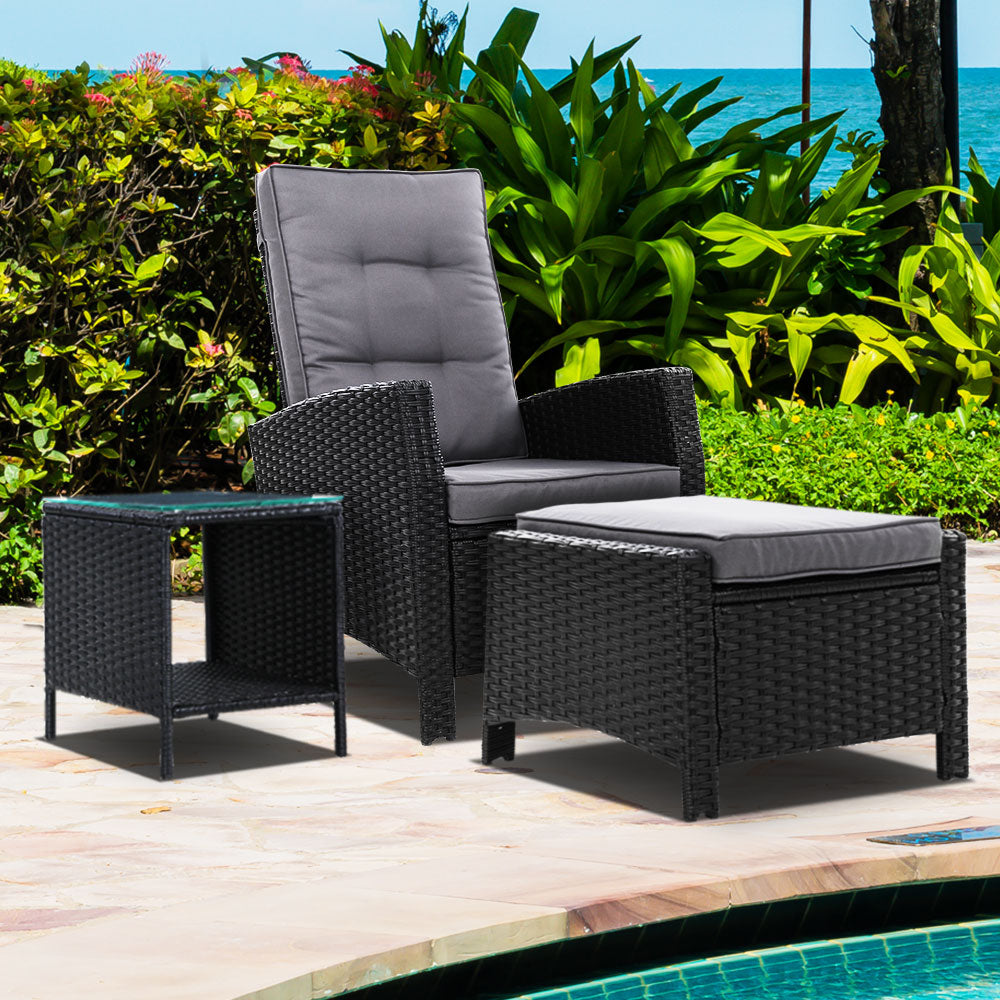 Sunshine Beach 3 Piece Outdoor Recliner Set, Black