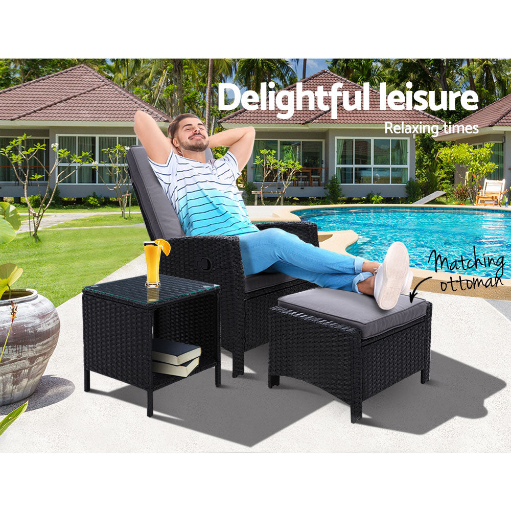 Sunshine Beach 3 Piece Outdoor Recliner Set, Black