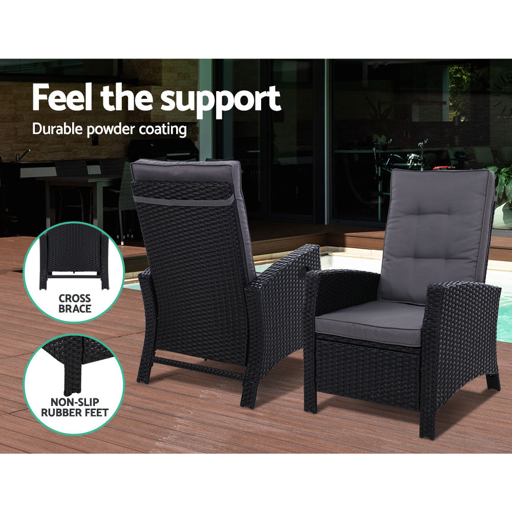 Sunshine Beach 3 Piece Outdoor Recliner Set, Black