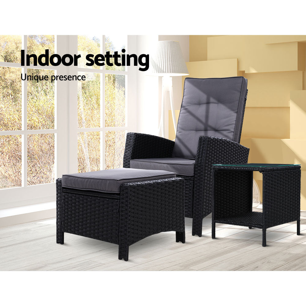 Sunshine Beach 3 Piece Outdoor Recliner Set, Black