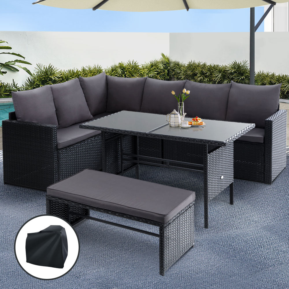 Outdoor Sofa Dining Lounge Set 9 Seater PE Wicker Black With Storage Cover