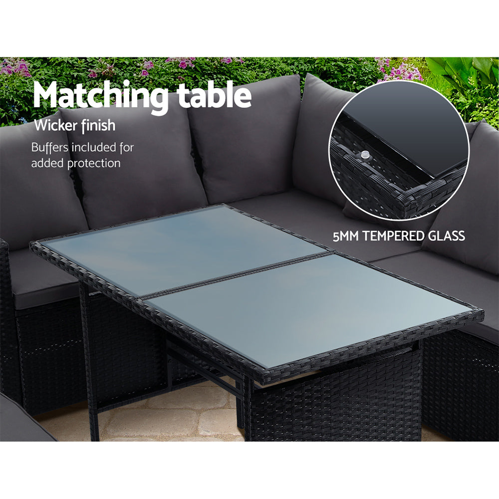 Outdoor Sofa Dining Lounge Set 9 Seater PE Wicker Black With Storage Cover