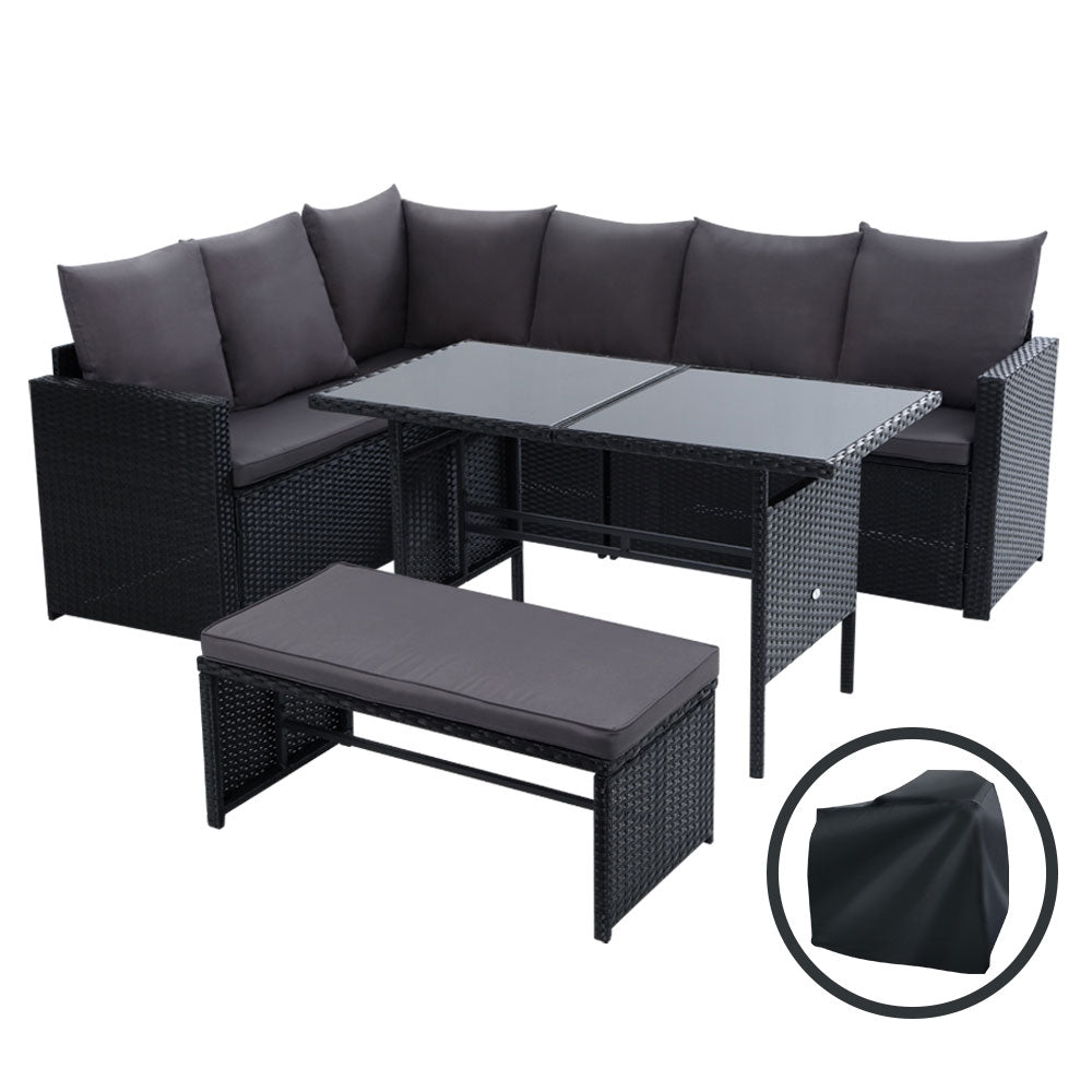 Outdoor Sofa Dining Lounge Set 9 Seater PE Wicker Black With Storage Cover