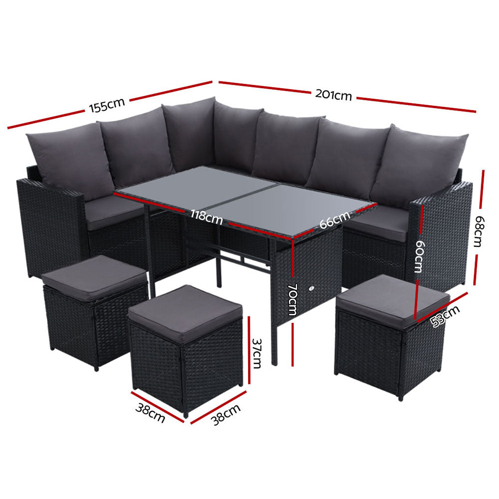 Broadbeach 9 Seater Outdoor Lounge Set, Black Wicker