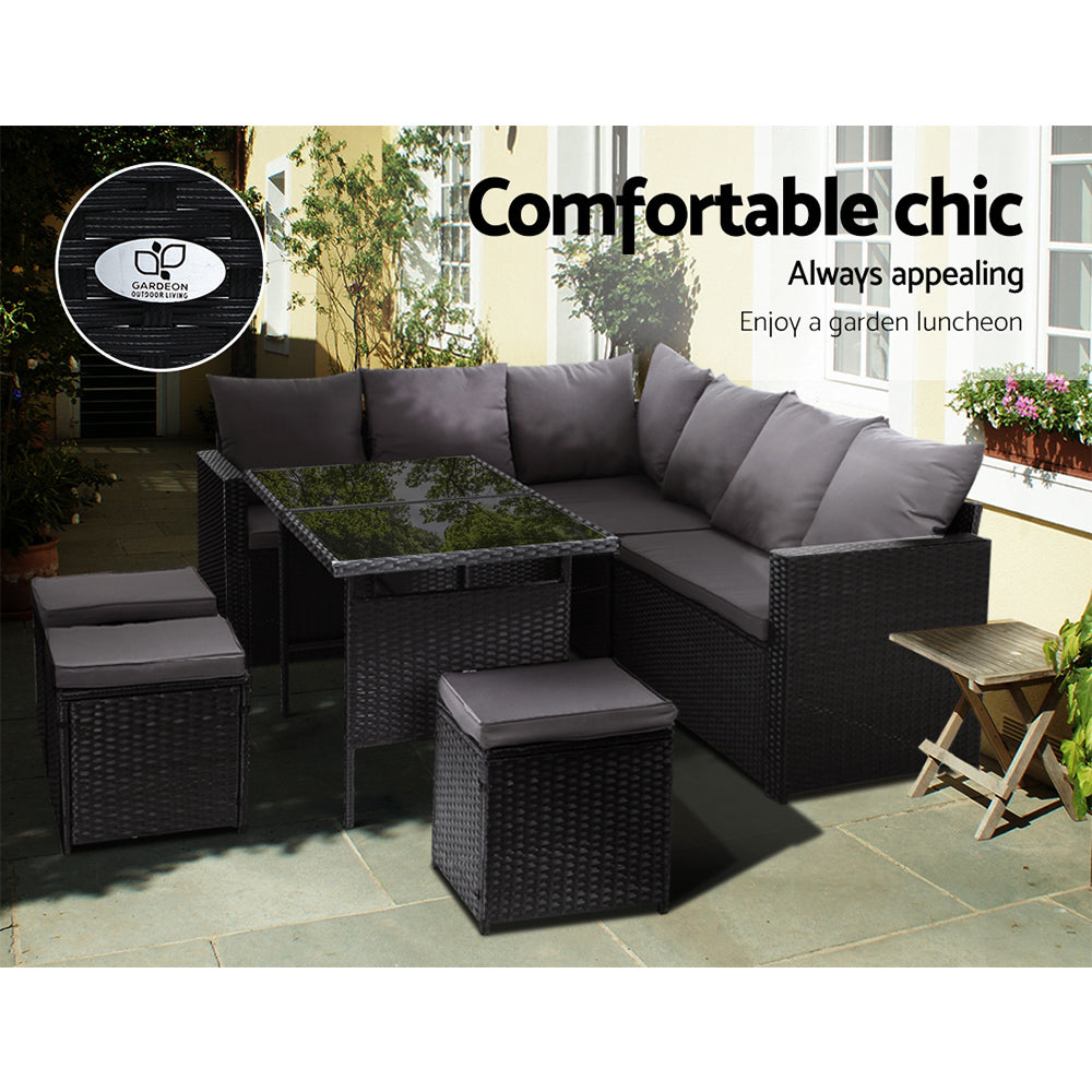 Broadbeach 9 Seater Outdoor Lounge Set, Black Wicker